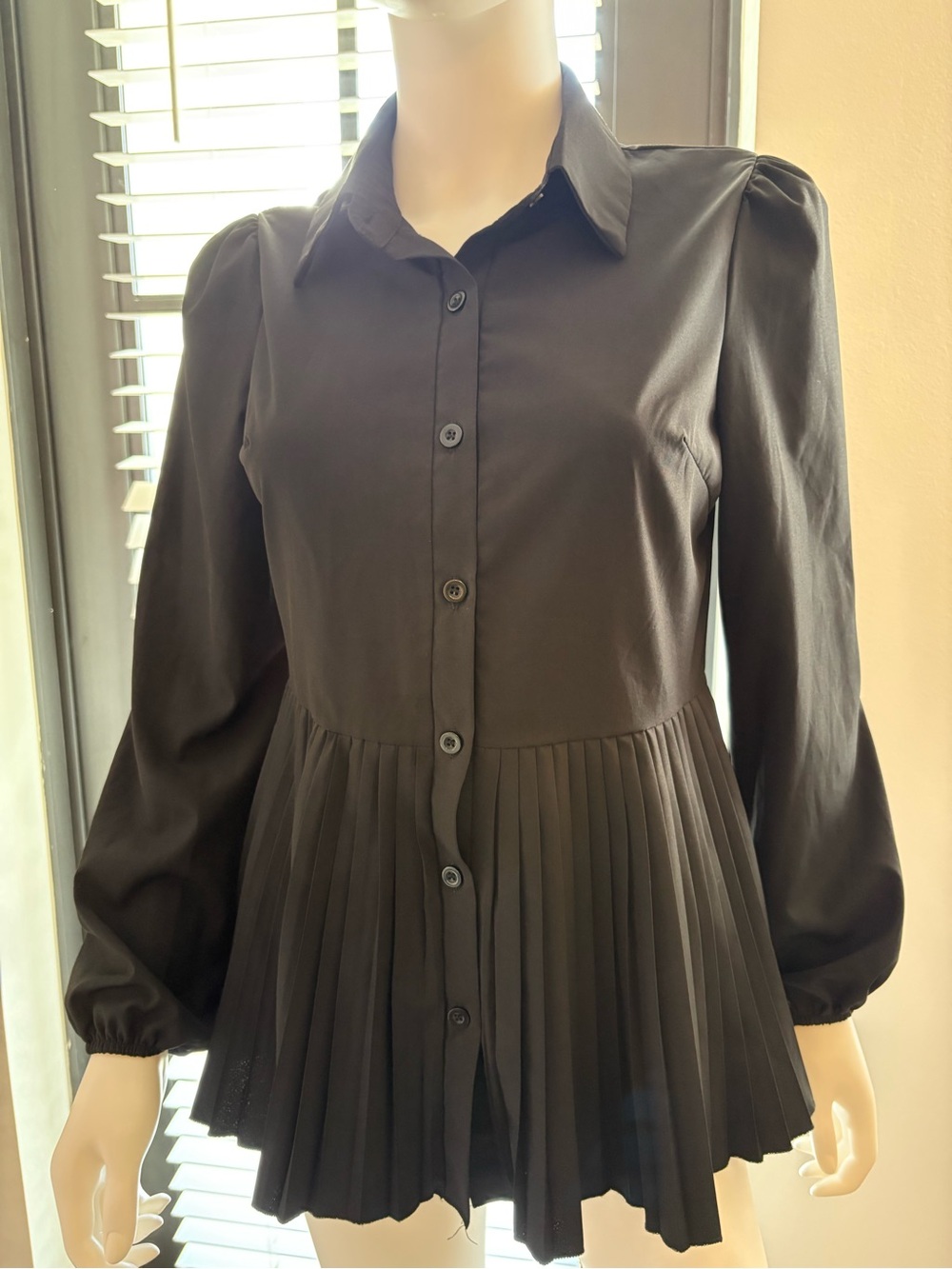 Black Long-Sleeve Pleated Button-Front Women's Dress - Picture 2 of 5